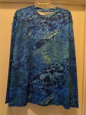 Realtree Sz L Fishing Wav3  Performance Shirt Mens Blue Ocean Print Long Sleeve